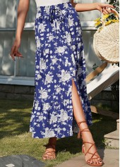 Floral Print Split Dark Blue A Line Skirt