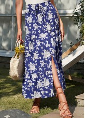 Floral Print Split Dark Blue A Line Skirt