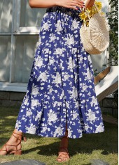 Floral Print Split Dark Blue A Line Skirt