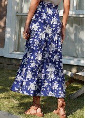 Floral Print Split Dark Blue A Line Skirt