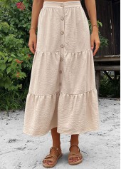 Button Beige A Line Elastic Waist Skirt