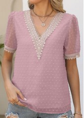 V Neck Patchwork Pink Short Sleeve Blouse