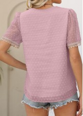 V Neck Patchwork Pink Short Sleeve Blouse