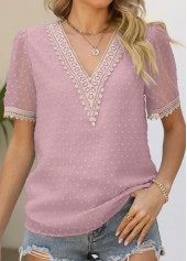 V Neck Patchwork Pink Short Sleeve Blouse