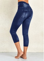 Denim Blue Elastic Waist High Waisted Capri Leggings