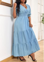 Denim Blue V Neck Smocked Maxi Dress