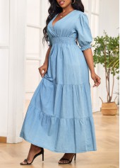 Denim Blue V Neck Smocked Maxi Dress