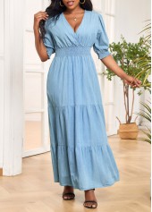 Denim Blue V Neck Smocked Maxi Dress