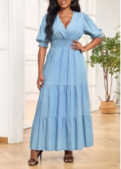 Denim Blue V Neck Smocked Maxi Dress