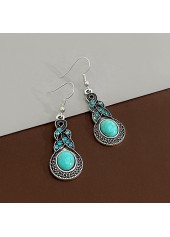 Turquoise Oval Metal Tribal Design Earrings