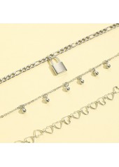 Silver Heart Geometric Pattern Anklet Set