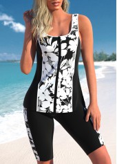 Mid Waisted Stripe Print Zipper Black Tankini Set