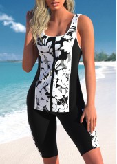 Mid Waisted Stripe Print Zipper Black Tankini Set