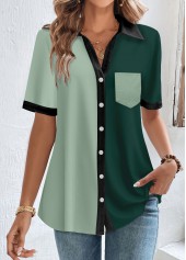 Button Green Short Sleeve Shirt Collar Blouse