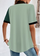Button Green Short Sleeve Shirt Collar Blouse