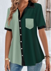 Button Green Short Sleeve Shirt Collar Blouse