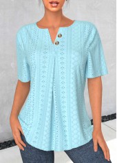Jacquard Light Blue Short Sleeve Split Neck Blouse