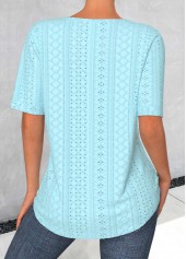 Jacquard Light Blue Short Sleeve Split Neck Blouse