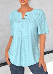 Jacquard Light Blue Short Sleeve Split Neck Blouse