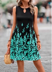Leaf Print Cut Out Cyan Dress