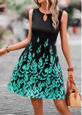 Leaf Print Cut Out Cyan Dress
