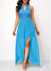 Lace Patchwork Neon Blue High Low Dress