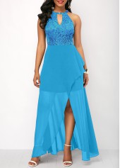 Lace Patchwork Neon Blue High Low Dress