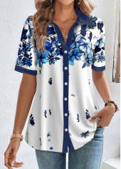 Floral Print Button White Shirt Collar Blouse