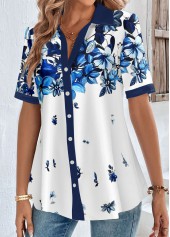 Floral Print Button White Shirt Collar Blouse