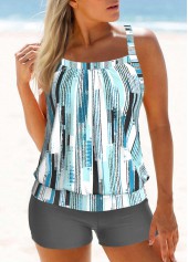 Geometric Print Criss Cross Cyan Tankini Set
