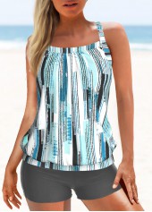 Geometric Print Criss Cross Cyan Tankini Set