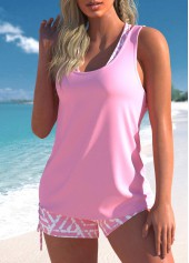 Mid Waisted Geometric Print Three-piece Pink Tankini Set