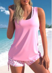 Mid Waisted Geometric Print Three-piece Pink Tankini Set