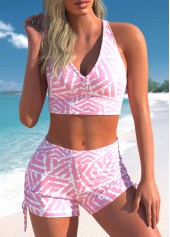 Mid Waisted Geometric Print Three-piece Pink Tankini Set