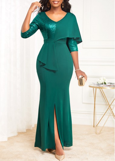 Rosewe Emerald Green Formal Dress Split V Neck Evening Dress Teal Dress Green Split V Neck Mermaid Dress - XXL