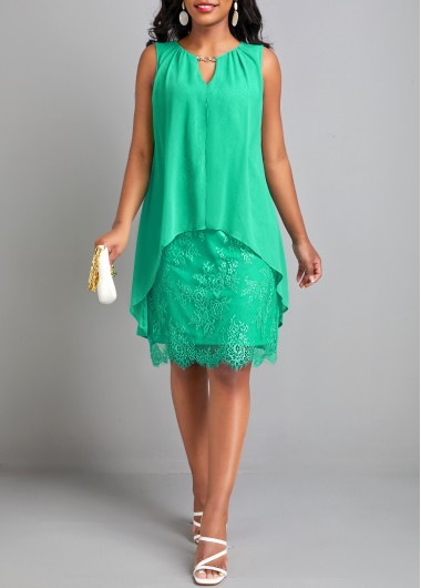Green H Shape Round Neck Sleeveless Lace Dress 37$