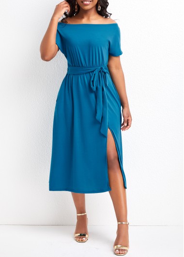 Short Sleeve Split Sky Blue Off Shoulder Dress
