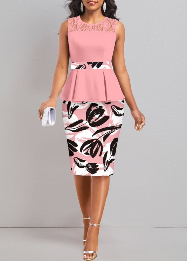 Floral Print Lace Pink Round Neck Dress 37$