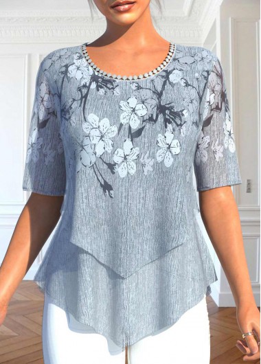 Plus Size Grey Layered Floral Print Blouse product