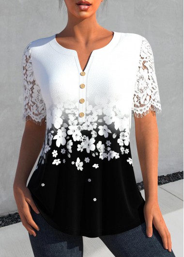 Plus Size White Lace Floral Print Blouse 37$