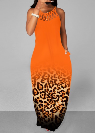 Leopard Cage Neck Orange A Line Maxi Dress 37$