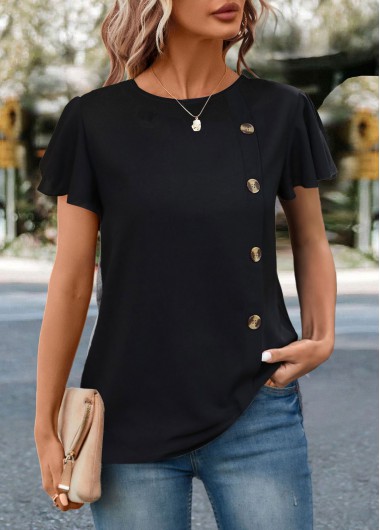 Black Round Neck Short Sleeve Button T Shirt