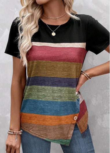 Striped Patchwork Black Round Neck T Shirt