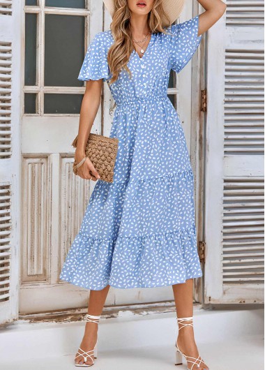 Leaf Print Ruched Light Blue V Neck Dress 36$