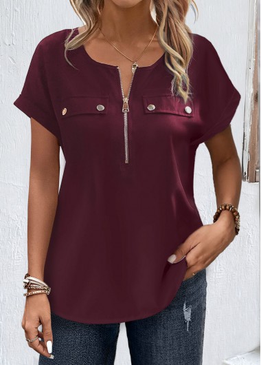 Plus Size Dark Reddish Purple Zipper Blouse 33$