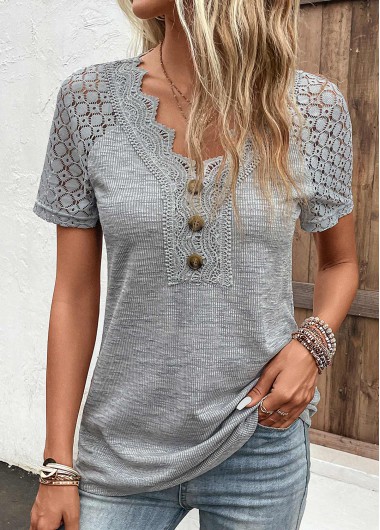 Plus Size Grey Lace Short Sleeve T Shirt 38$