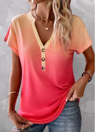Plus Size Peach Red Button Ombre T Shirt 34$