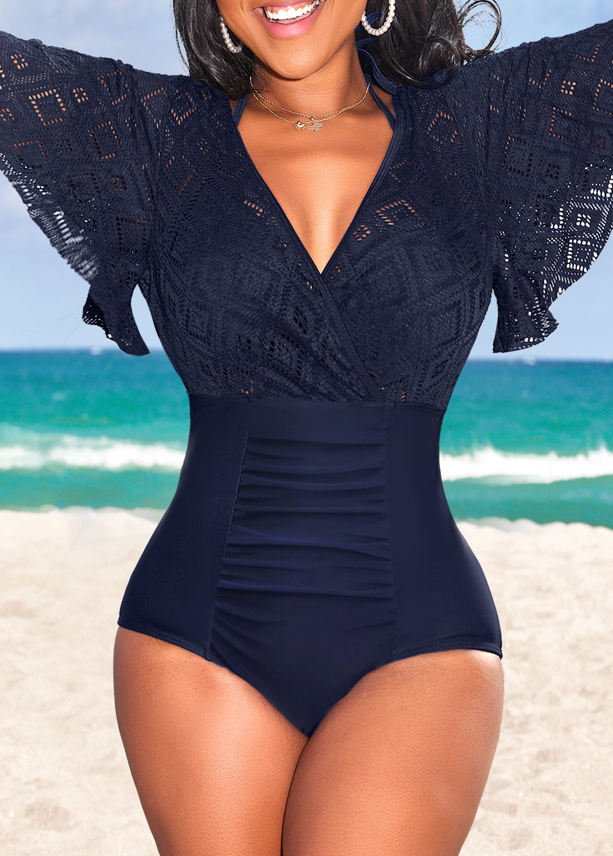 Lace Navy Patchwork One Piece Swimwear