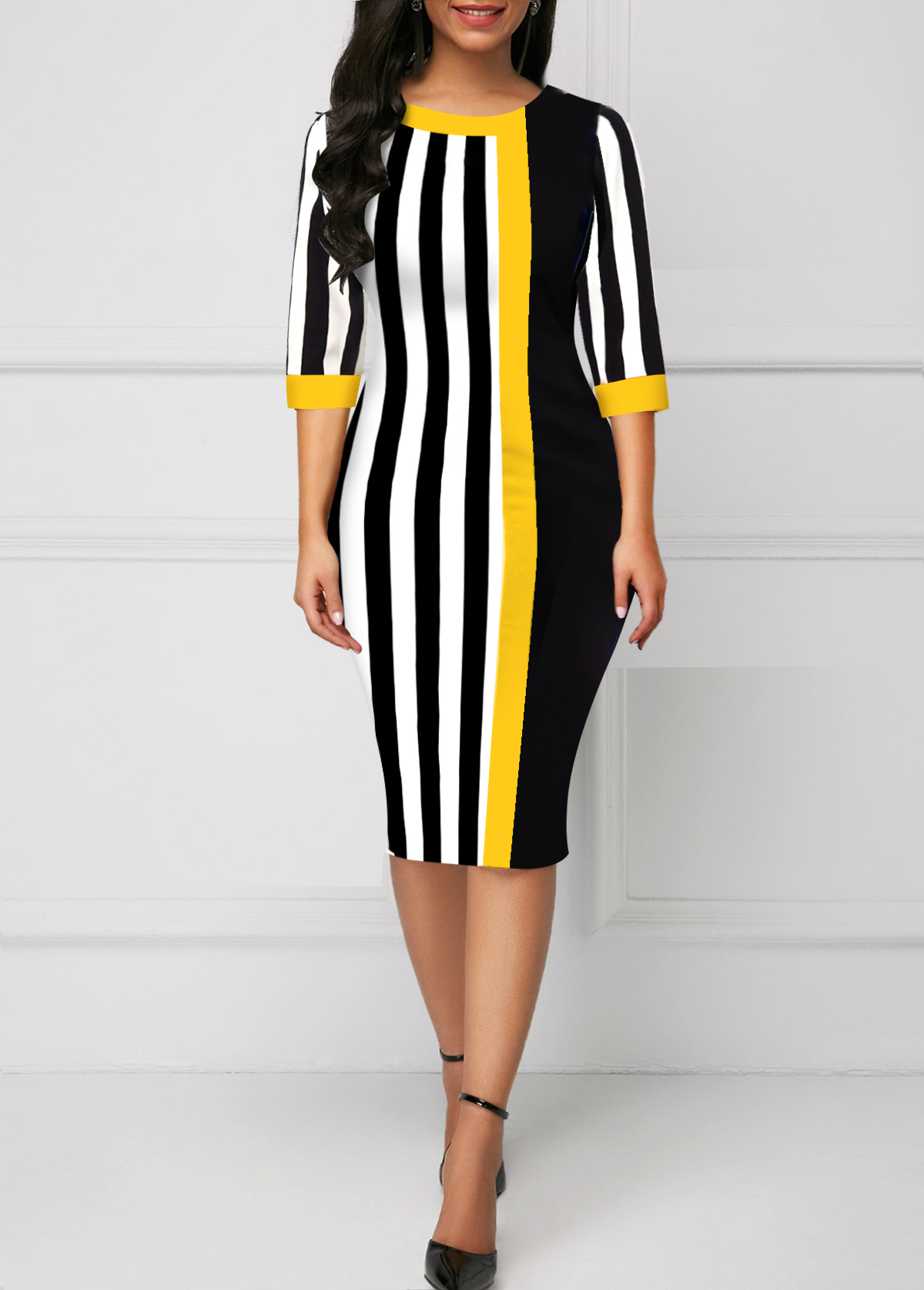 Black Striped Round Neck Bodycon Dress | Rosewe.com - USD $34.98