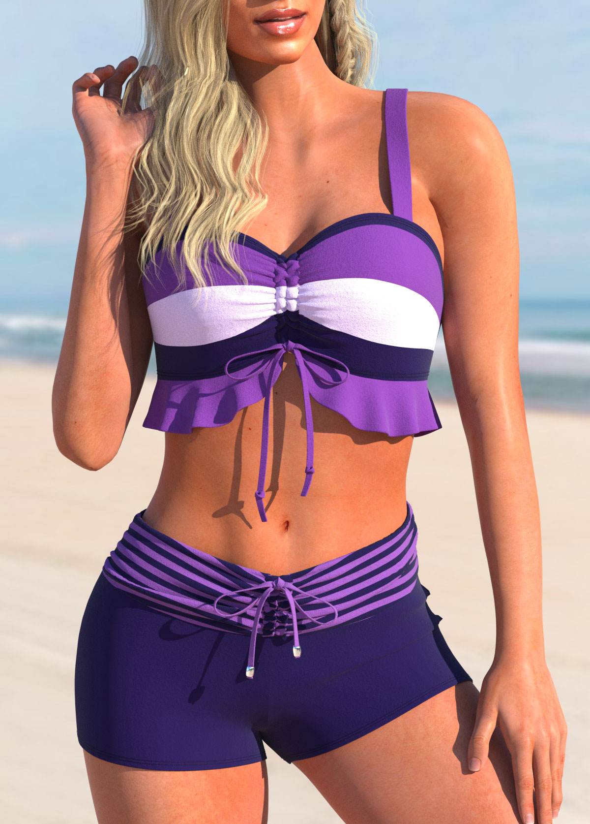 Striped Ruffle Drawstring Purple Bikini Set